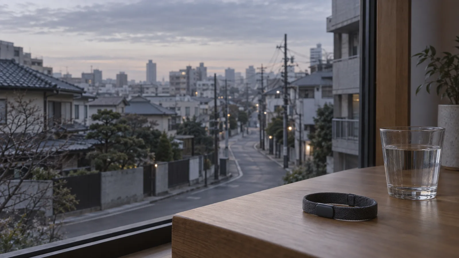 夜明け前の窓辺。テーブルに置かれた、画面のない Fitbit のバンドと水のグラス。