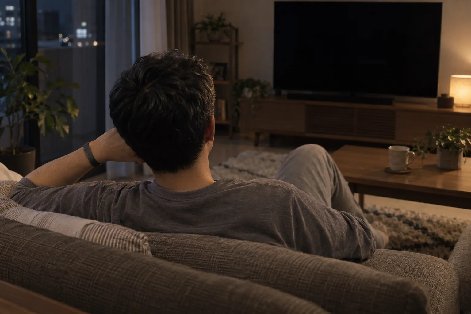 夜のリビングでソファに座る男性の後ろ姿。手首に Fitbit のバンド。