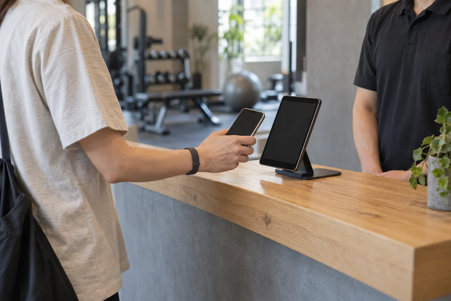 ジムの受付で、スマートフォンをタブレットにかざして来店を記録する会員。