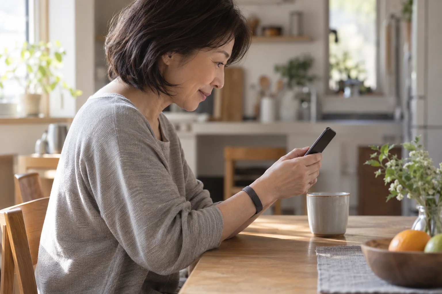 朝のキッチンで、スマートフォンに届いた月次レポートを見る女性。